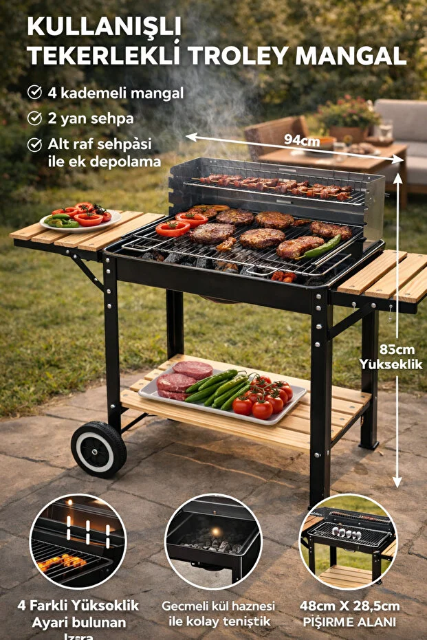 Tekerlekli Mangal Iki Ahşap Sehpalı Raflı 4 Adet Kancalı Kömürlü Mangal 94x85cm